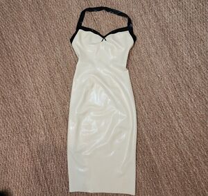 Latex Cream Midi Dress with Black Halter With Trim Size S